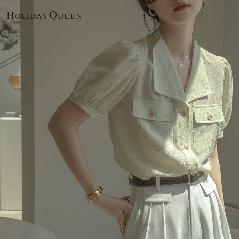 HolidayQueen Ladies Puff Sleeve Shirt 2022 Summer New Fashion French High-End Blue Top S M L XL 2XL Free Shipping HQ1302